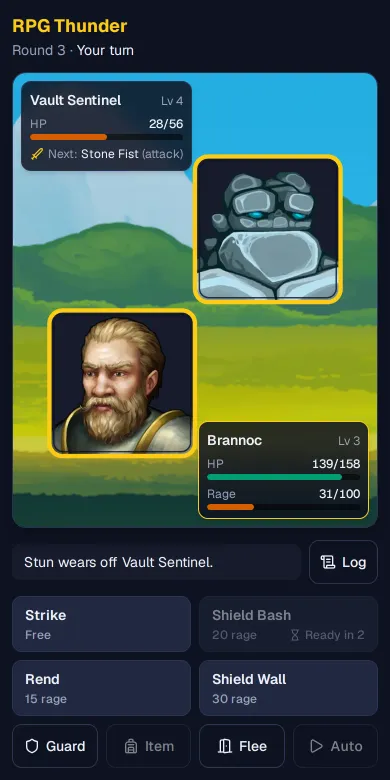 The same battle screen on a phone, against a Vault Sentinel