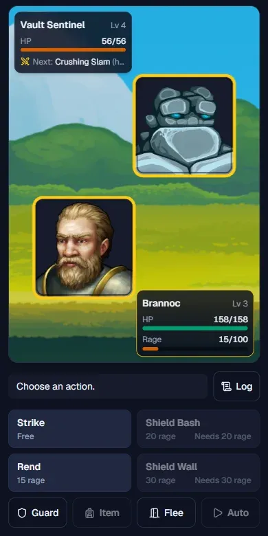 The same battle screen on a phone, against a Vault Sentinel