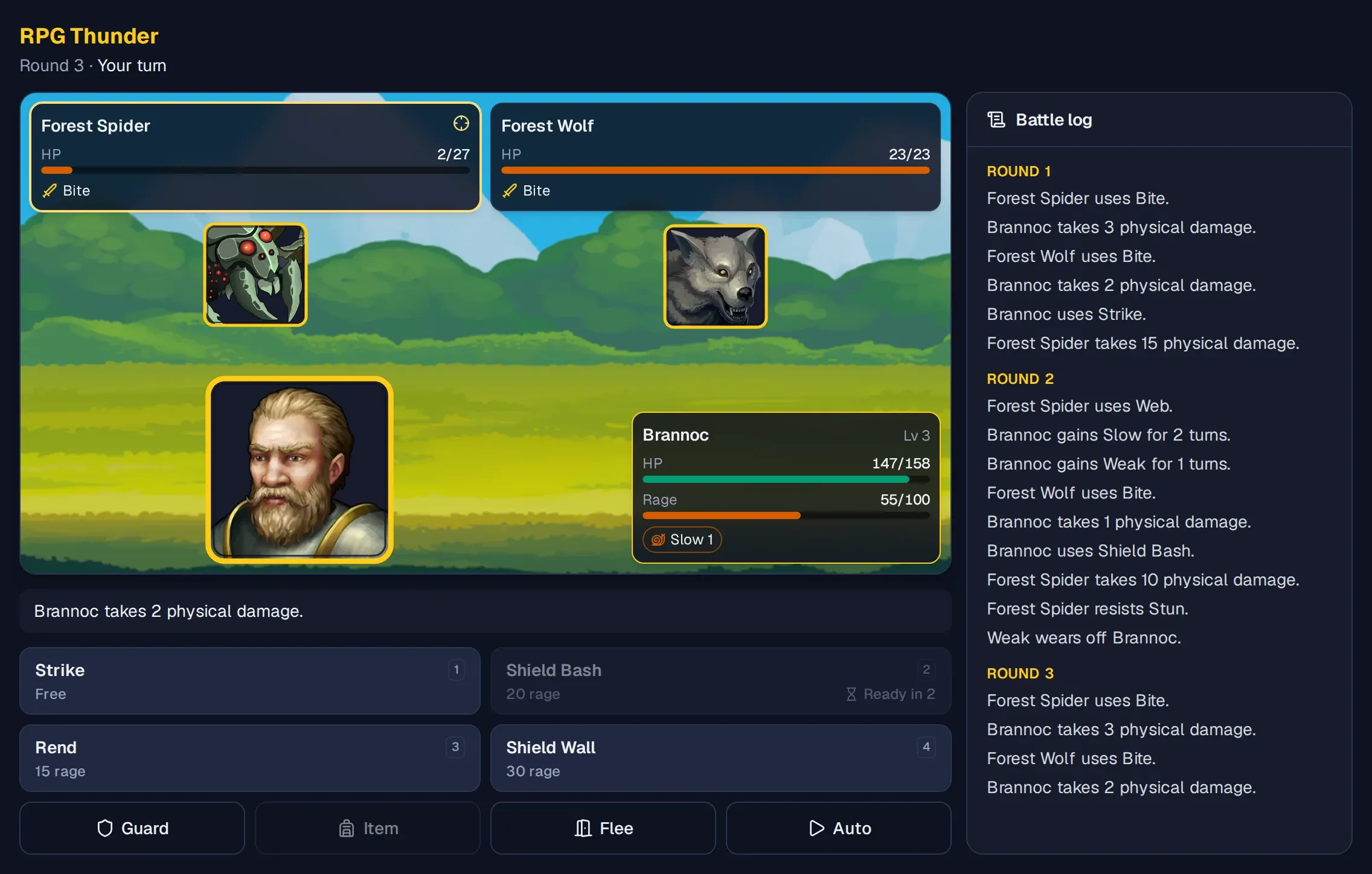 A battle in the browser: the Warrior Brannoc against a Forest Spider and a Forest Wolf, with HP bars, rage and four abilities