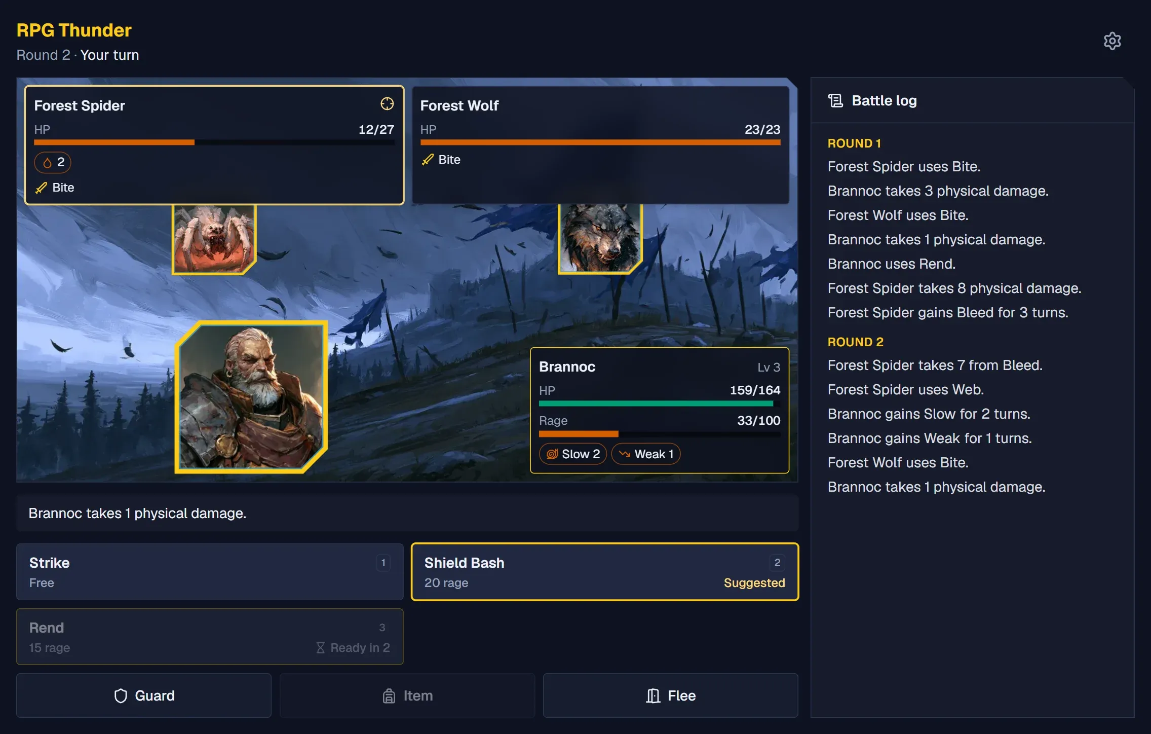 A battle in the browser: the Warrior Brannoc against a Forest Spider and a Forest Wolf, with HP bars, rage and three abilities