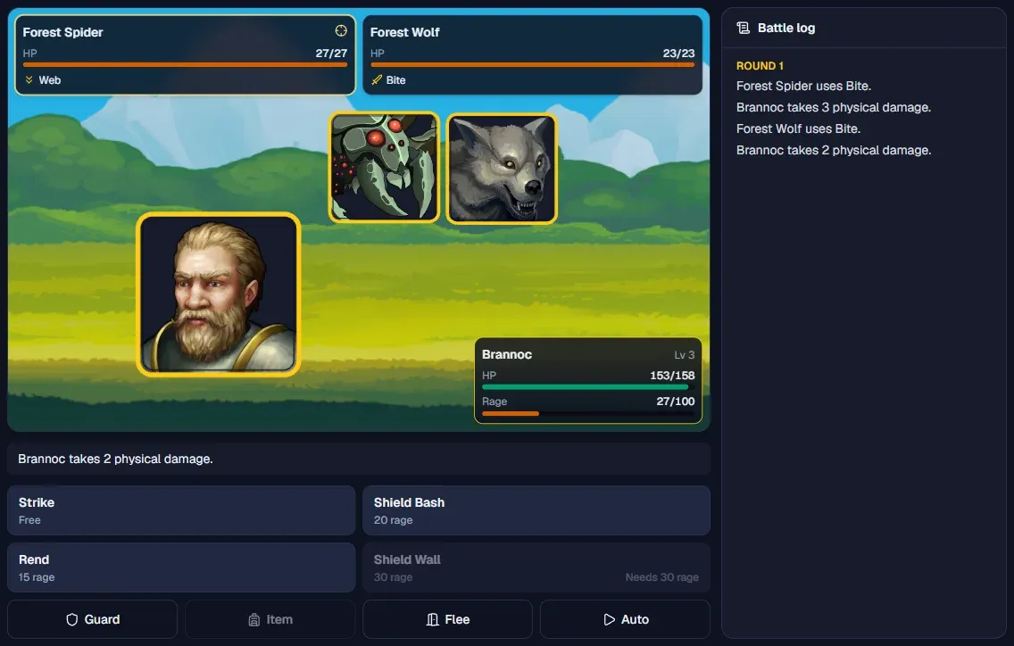 A battle in the browser: the Warrior Brannoc against a Forest Spider and a Forest Wolf, with HP bars, rage and four abilities