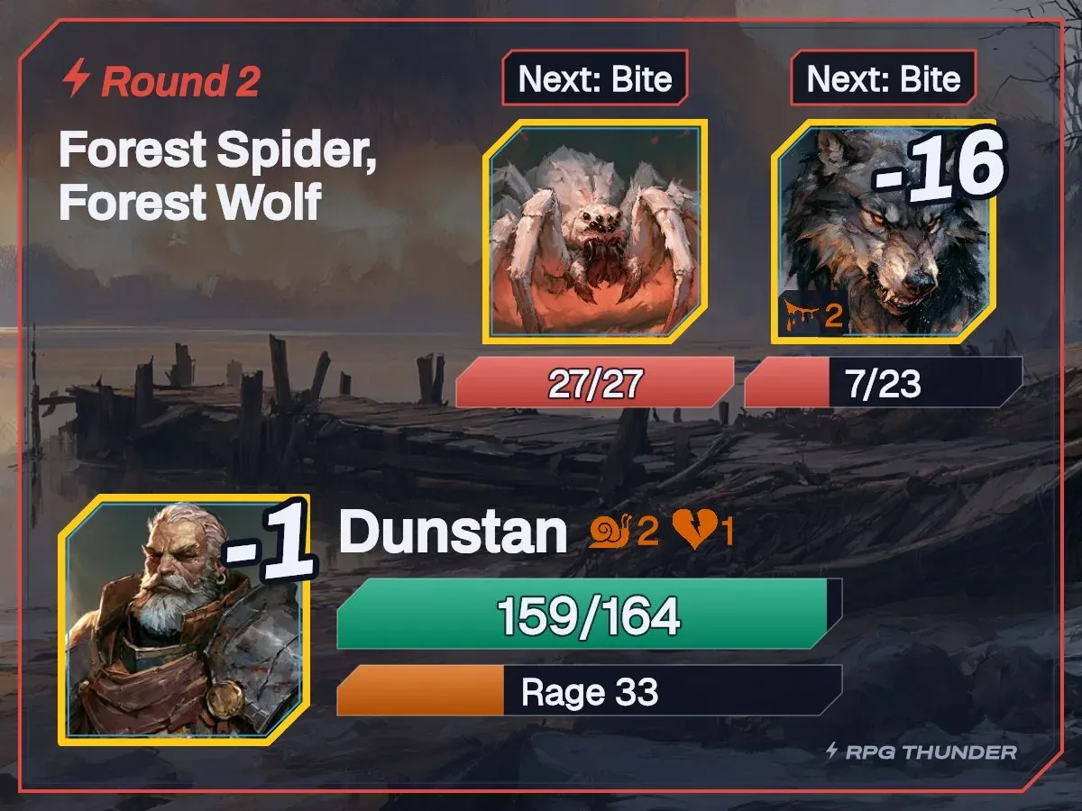 A battle in Discord, drawn as a picture: Dunstan the Warrior at 159 of 164 HP against a Forest Spider and a bleeding Forest Wolf at 7 of 23 HP, both about to bite