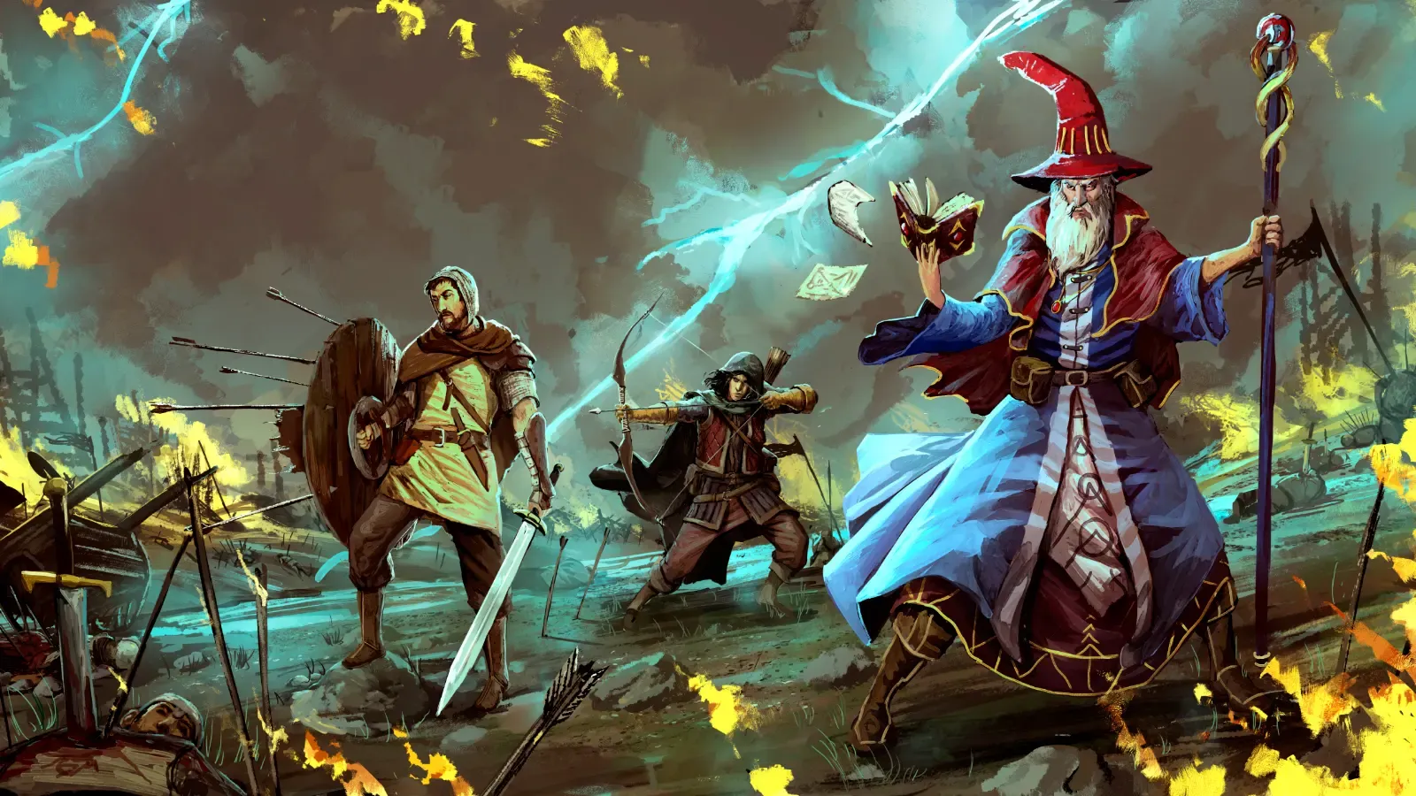 Painting of a warrior, an archer and a wizard on a burning battlefield under a lightning storm