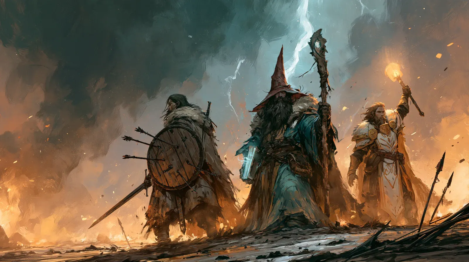 Painting of a warrior, a wizard and a cleric on a burning battlefield under a lightning storm