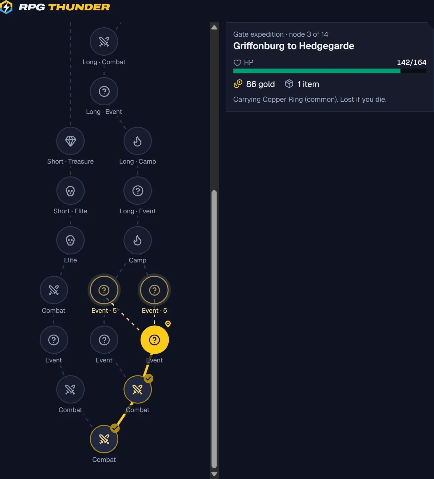 The expedition route map: a branching road of combat, elite, event, camp and treasure nodes, with the walked path highlighted
