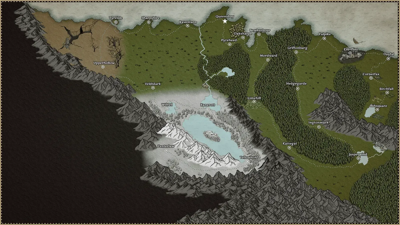 Painted world map with Queensbay, Birchfall, Ashsquare and the other cities along the roads